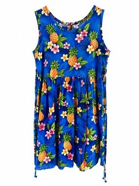 Hilo Hattie Girls HawaiianBlue Tropical Pineapple Dress with Yellow & Pink Flowe